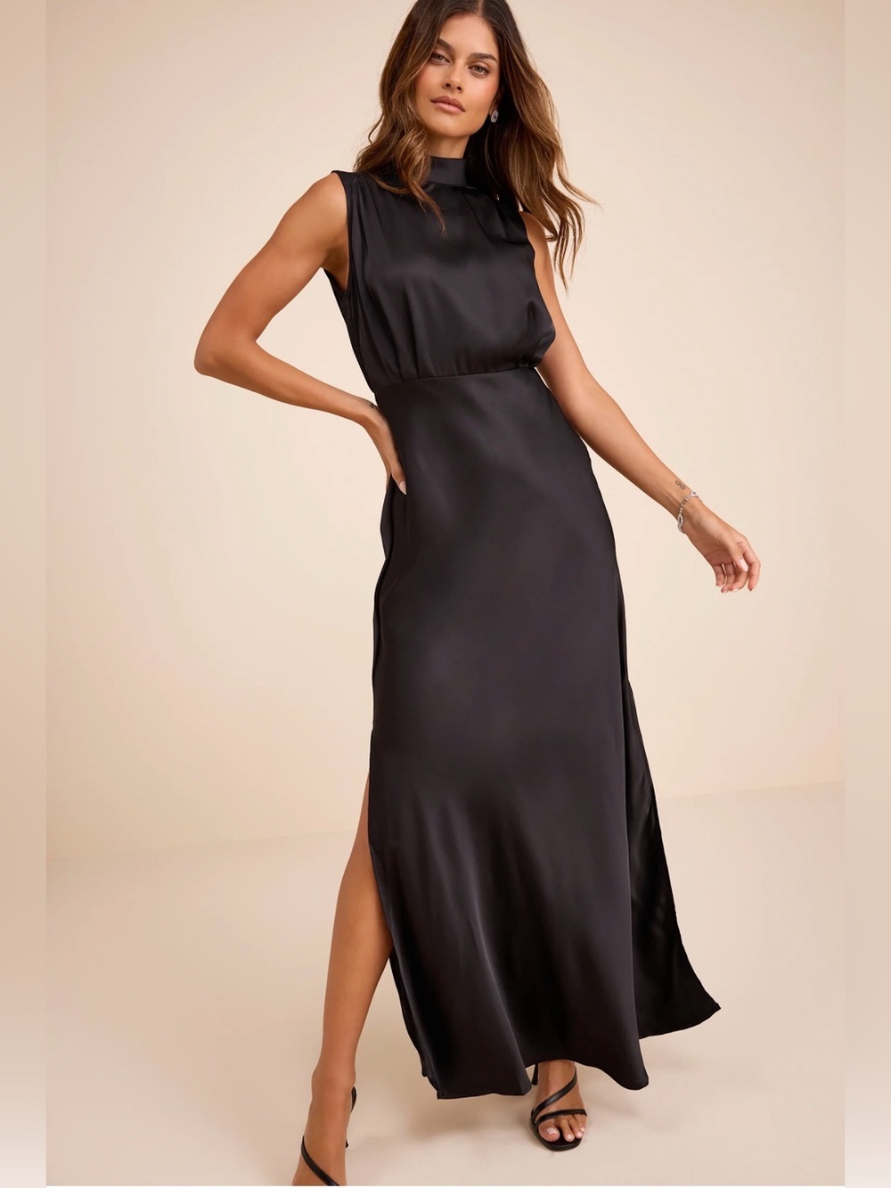 Lulu's Sleek Black Satin High-Neck Maxi Dress